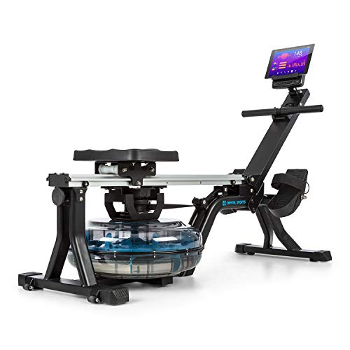 Capital Sports Flow - Máquina de Remo de Agua, Banco de Remo, 80 cm de Largo, Ordenador con Pantalla LCD, Soporte para tabletas, Aluminio y Acero, 6 Niveles / máx. 14 litros, Negro/Plateado