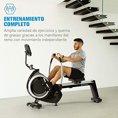 CAPITAL SPORTS The Skyf máquina de remo - Banco de remo , Entrenamiento eficaz , Resistencia magnética de 16 niveles , Rieles de aluminio de 90 cm , Soporte para tablet , Ordenador integrado , Negro