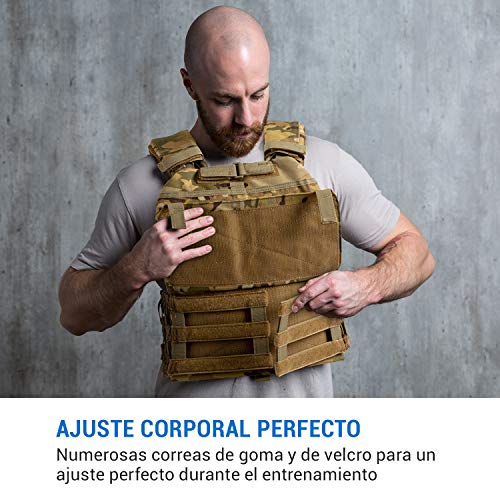 CapitalSports Battlevest 2.0 - Chaleco lastrado, Cintas Velcro, Acolchado, Malla Interior, Cable desenganche rápido, Mango Arrastre, Transpirable, 2 Pesas Acero, 2 x 8,75 lbs, Camuflaje