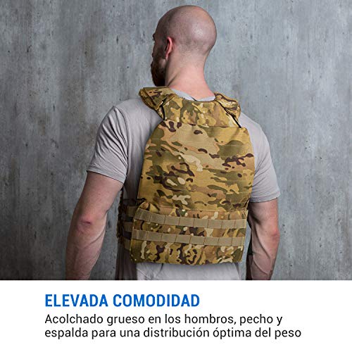 CapitalSports Battlevest 2.0 - Chaleco lastrado, Cintas Velcro, Acolchado, Malla Interior, Cable desenganche rápido, Mango Arrastre, Transpirable, 2 Pesas Acero, 2 x 8,75 lbs, Camuflaje