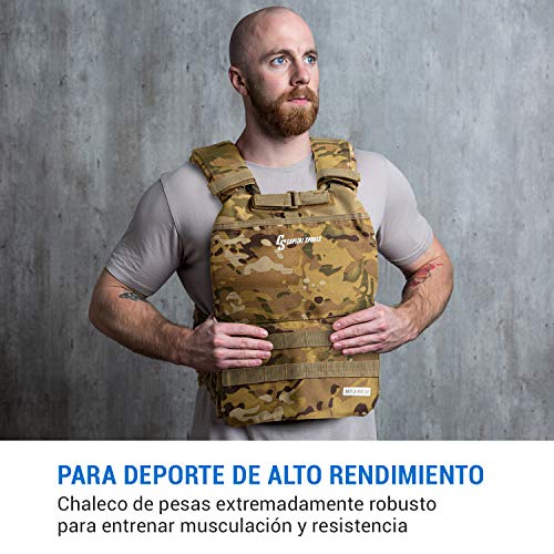 CapitalSports Battlevest 2.0 - Chaleco lastrado, Cintas Velcro, Acolchado, Malla Interior, Cable desenganche rápido, Mango Arrastre, Transpirable, 2 Pesas Acero, 2 x 8,75 lbs, Camuflaje