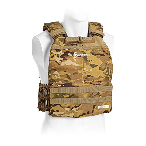 CapitalSports Battlevest 2.0 - Chaleco lastrado, Cintas Velcro, Acolchado, Malla Interior, Cable desenganche rápido, Mango Arrastre, Transpirable, 2 Pesas Acero, 2 x 8,75 lbs, Camuflaje