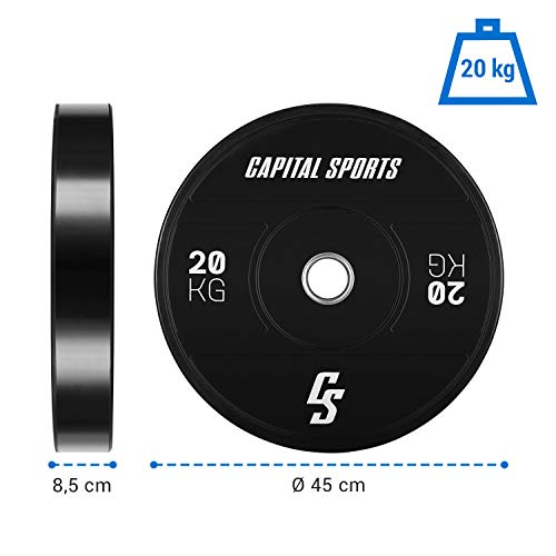 CapitalSports Elongate 2020 - Discos de Peso para Pesas, Material de Caucho endurecido, Resistente a los Golpes, Abertura de 50,4 mm con Anillo Interior de Acero, 2 Discos x 15 kg, Negro