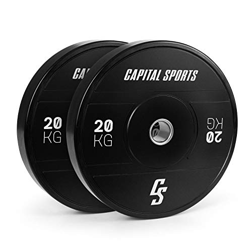 CapitalSports Elongate 2020 - Discos de Peso para Pesas, Material de Caucho endurecido, Resistente a los Golpes, Abertura de 50,4 mm con Anillo Interior de Acero, 2 Discos x 15 kg, Negro