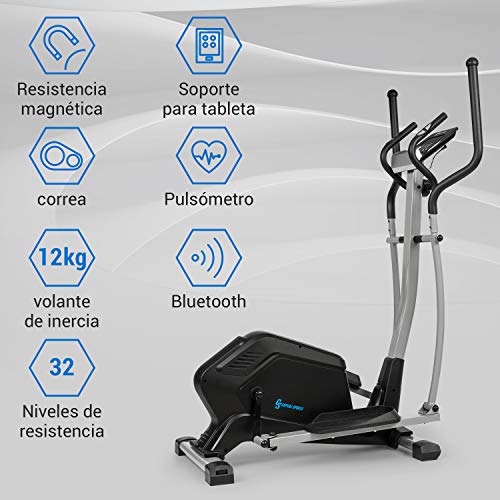CapitalSports Helix Comfort - Bicicleta elíptica, Aplicación Kinomap, Volante de inercia 12 kg, MagResist: Resistencia magnética de 32 intensidades, Sensores de Pulso, 14 programas, Pantalla, Negro