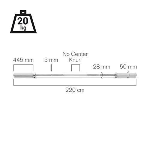 CapitalSports IWF Barra de Pesas, Barra olímpica, Levantamiento de Pesas, para Hombres, 220 cm, 20 kg, Extremos de 50 mm Ø, Agarre de 28 mm Ø, hasta 910 kg, Acero, Plata CapitalSports IWF Barra de Pesas, Barra olímpica, Levantamiento de Pesas, para Hombres, 220 cm, 20 kg, Extremos de 50 mm Ø, Agarre de 28 mm Ø, hasta 910 kg, Acero, Plata