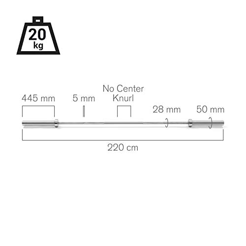 CapitalSports IWF Barra de Pesas, Barra olímpica, Levantamiento de Pesas, para Hombres, 220 cm, 20 kg, Extremos de 50 mm Ø, Agarre de 28 mm Ø, hasta 910 kg, Acero, Plata