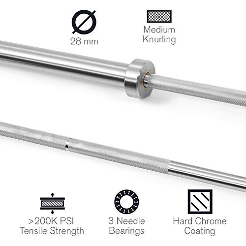 CapitalSports IWF Barra de Pesas, Barra olímpica, Levantamiento de Pesas, para Hombres, 220 cm, 20 kg, Extremos de 50 mm Ø, Agarre de 28 mm Ø, hasta 910 kg, Acero, Plata CapitalSports IWF Barra de Pesas, Barra olímpica, Levantamiento de Pesas, para Hombres, 220 cm, 20 kg, Extremos de 50 mm Ø, Agarre de 28 mm Ø, hasta 910 kg, Acero, Plata