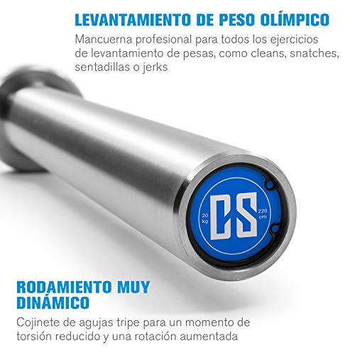 CapitalSports IWF Barra de Pesas, Barra olímpica, Levantamiento de Pesas, para Hombres, 220 cm, 20 kg, Extremos de 50 mm Ø, Agarre de 28 mm Ø, hasta 910 kg, Acero, Plata CapitalSports IWF Barra de Pesas, Barra olímpica, Levantamiento de Pesas, para Hombres, 220 cm, 20 kg, Extremos de 50 mm Ø, Agarre de 28 mm Ø, hasta 910 kg, Acero, Plata