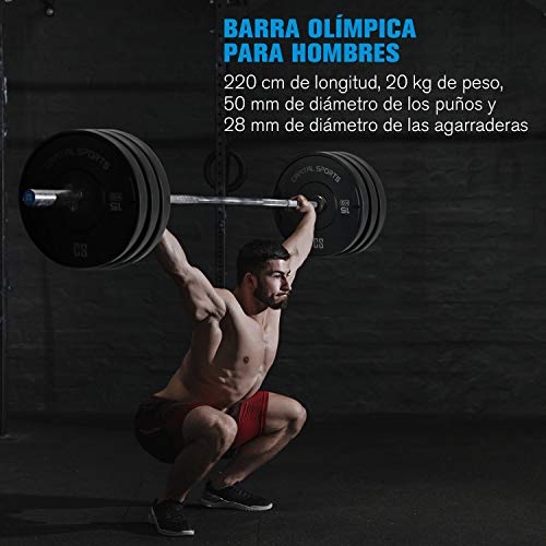 CapitalSports IWF Barra de Pesas, Barra olímpica, Levantamiento de Pesas, para Hombres, 220 cm, 20 kg, Extremos de 50 mm Ø, Agarre de 28 mm Ø, hasta 910 kg, Acero, Plata