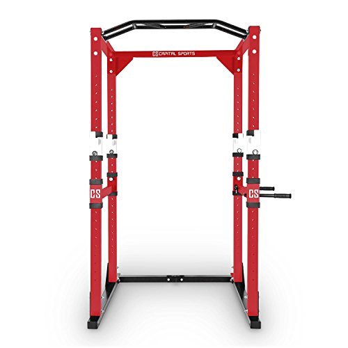 CapitalSports Tremendour - Power Rack, Jaula de musculación, Gimnasio en casa, Cable de tracción, Pesos, Agarre múltiple, dominadas, Flexiones, Brazos, piernas, Press banca, Rojo