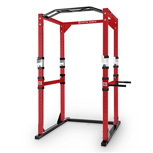 CapitalSports Tremendour - Power Rack, Jaula de musculación, Gimnasio en casa, Cable de tracción, Pesos, Agarre múltiple, dominadas, Flexiones, Brazos, piernas, Press banca, Rojo