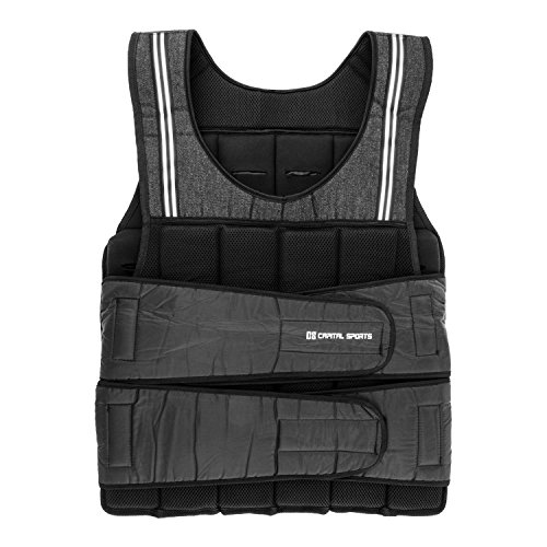 CapitalSports Vestpro 20 Fitness Edition - Chaleco de Peso de 20 kg, 38 x Pesas de Caucho (430 g), Ajuste del Peso, Correas de Nylon con Velcro, Cintas reflectoras, Acolchado, Resistente, Negro