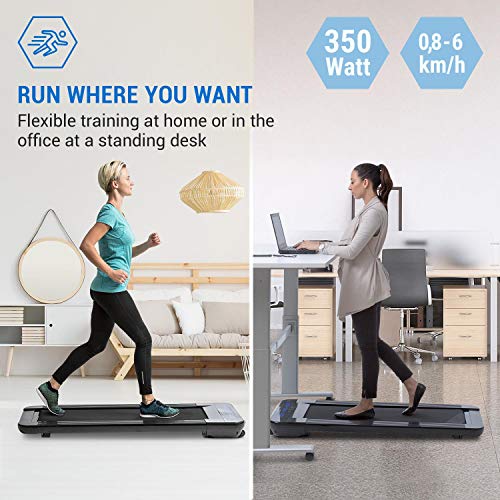 CapitalSports Workspace Go - Cinta de Correr, hasta 120 kg, Velocidad Entre 0,8-6 km/h, Potencia de 350 W, Altura de 11 cm, Antideslizante, Slow Running, Transportable, Ruedas, Negro