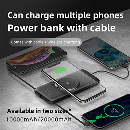 Cargador Portátil Inalámbrico QI, Power Bank Delgado con Cable Integrado Y Pantalla Digital Oculta, Paquete De Batería Inalámbrica con Puertos De Adaptador Micro USB A Tipo C,10000mAh