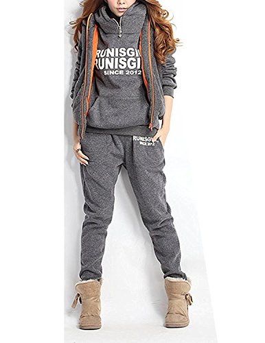 CARINACOCO Mujer 3pcs Chándal Encapuchada Casual Conjuntos Deportivos Otoño Invierno Sudadera con capucha Sweatshirt + Hoodie Chaqueta Chaleco + Pantalones Gris XL