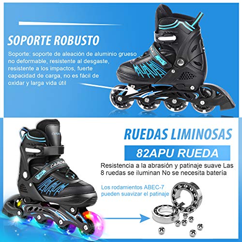 Caroma Patines en línea con 8 Ruedas LED Luminosas para Exteriores, Patines Ajustables de 4 tamaños para niños, Mujeres y Hombres (Azul, L(38-41))