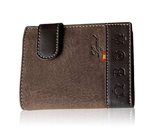 Cartera LEGADO Serraje de Ubrique hecha en piel de toro Billetera Tarjetero y Monedero para Hombre de Cuero Regalo Pulsera con bandera de España y Tarjeta proteccion RFID (Marrón Vertical con Broche)