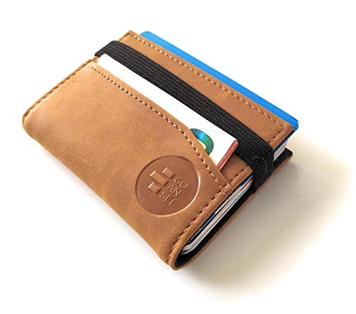 Cartera pequeña y Original con Seguridad RFID. Tarjetero Billetero Minimalista para Hombre y Mujer con Capacidad para 12 Tarjetas y Billetes. GOANSEE (Camel)