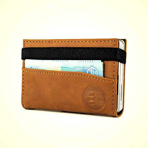 Cartera pequeña y Original con Seguridad RFID. Tarjetero Billetero Minimalista para Hombre y Mujer con Capacidad para 12 Tarjetas y Billetes. GOANSEE (Camel)