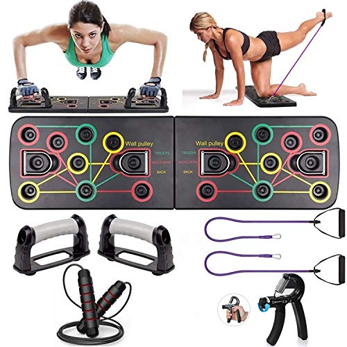 Casa Gimnasio Musculacion Kit, 1 Soportes para Flexiones Push Up Board, 2 Banda Elastica Fitness, 1 Cuerda para Saltar, 1 Fortalecedores de Mano Hand Grip Strengthener, Ejercicio en Casa Mujer Hombre