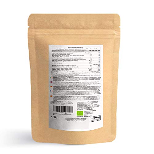 Cáscara de Psyllium Ecológico [99% Pureza] 400g. Psyllium Husk, Natural y Puro. 100% cutícula de semillas de Psilio Orgánico, producido en India. Rico en Fibra, para añadir al Agua, Bebidas y Zumos.