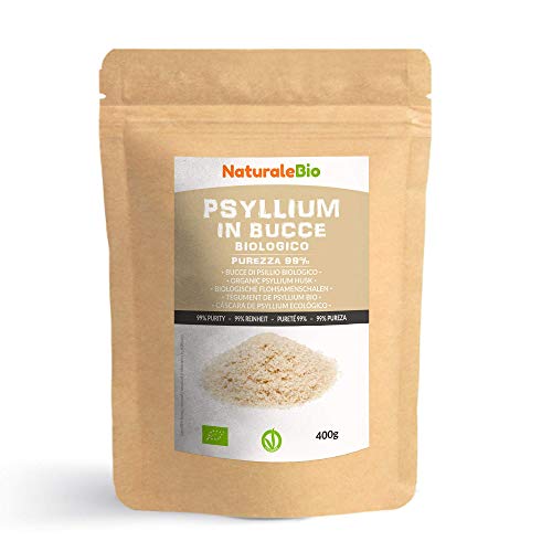 Cáscara de Psyllium Ecológico [99% Pureza] 400g. Psyllium Husk, Natural y Puro. 100% cutícula de semillas de Psilio Orgánico, producido en India. Rico en Fibra, para añadir al Agua, Bebidas y Zumos.