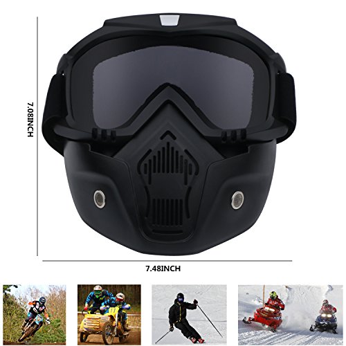 Casco de motocicleta con gafas extraíbles, lentes antivaho, filtro en la boca, correa antideslizante ajustable, estilo vintage, negro Casco de motocicleta con gafas extraíbles, lentes antivaho, filtro en la boca, correa antideslizante ajustable, estilo vintage, negro