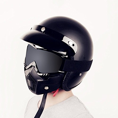 Casco de motocicleta con gafas extraíbles, lentes antivaho, filtro en la boca, correa antideslizante ajustable, estilo vintage, negro Casco de motocicleta con gafas extraíbles, lentes antivaho, filtro en la boca, correa antideslizante ajustable, estilo vintage, negro