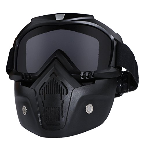 Casco de motocicleta con gafas extraíbles, lentes antivaho, filtro en la boca, correa antideslizante ajustable, estilo vintage, negro Casco de motocicleta con gafas extraíbles, lentes antivaho, filtro en la boca, correa antideslizante ajustable, estilo vintage, negro