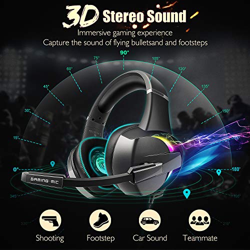 Cascos PS4, Auriculares con Micrófono Flexible, 50mm Driver Estéreo Envolventes, Orejeras Cómodas Iluminación RGB para PS4 Xbox One PC Tablet Cascos PS4, Auriculares con Micrófono Flexible, 50mm Driver Estéreo Envolventes, Orejeras Cómodas Iluminación RGB para PS4 Xbox One PC Tablet