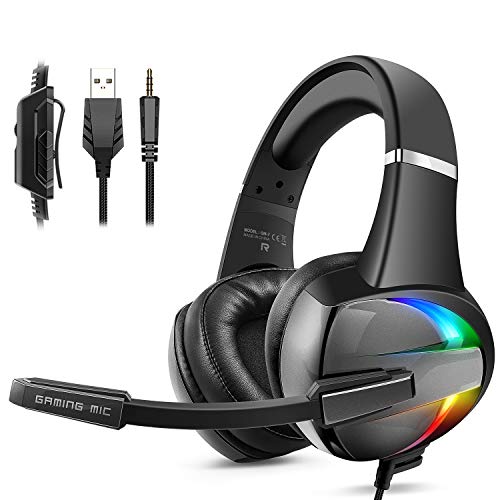 Cascos PS4, Auriculares con Micrófono Flexible, 50mm Driver Estéreo Envolventes, Orejeras Cómodas Iluminación RGB para PS4 Xbox One PC Tablet