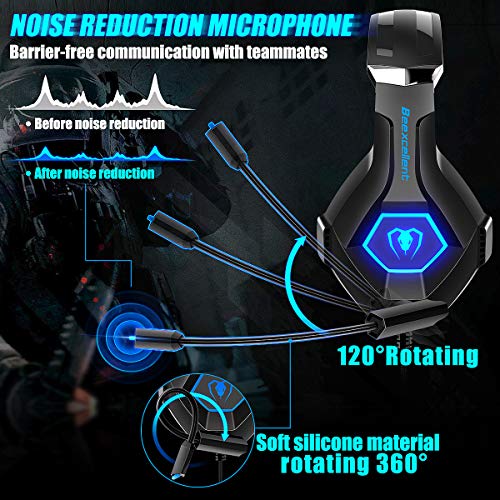 Cascos PS4 con Micrófono Flexible para Xbox One PC Nintendo PS4 Tableta Laptop, Auriculares con Premium Stereo, Orejeras Acolchadas Ligero Cómodo y Diadema Ajustable, Iluminación RGB