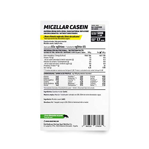 Caseína Micelar de HSN | Proteína de Lenta Digestión | Ideal para Antes de Dormir | Sin Edulcorantes Sin Endulzantes | Vegetariano, Sin Gluten, Sin Sabor, 500 gr