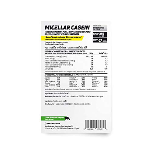 Caseína Micelar de HSN | Proteína de Lenta Digestión | Ideal para Antes de Dormir | Sin Edulcorantes Sin Endulzantes | Vegetariano, Sin Gluten, Sin Sabor, 2 Kg