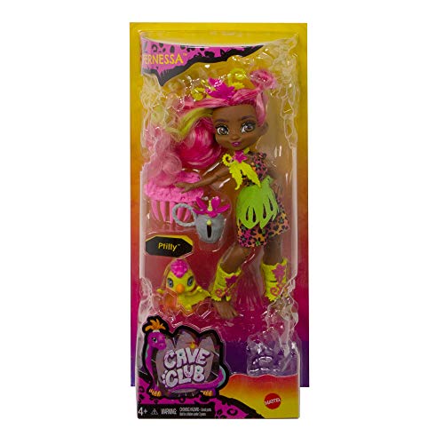 Cave Club Muñeca Fernessa, muñeca prehistórica con mascota y accesorios (Mattel GNL85)