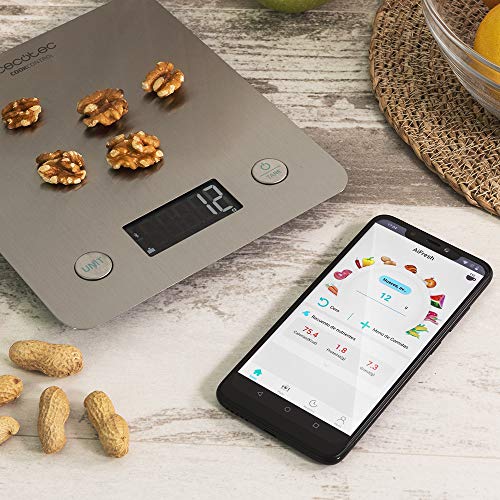 Cecotec Báscula de Cocina Cook Control 10000 Connected con App, Acabado en Acero INOX, precisión de 1 gr, Capacidad de 5 kg, Pantalla LCD, diseño extraplano, Recubrimiento antihuellas