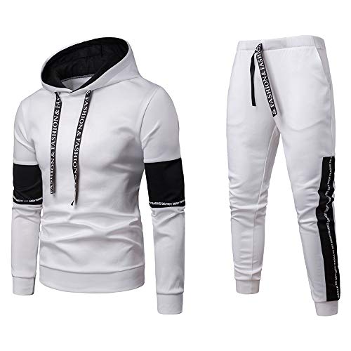 chándal Completo para Hombre, Moda Slim fit otoño e Invierno Conjunto Deportivo de Manga Larga Casual Sudadera con Capucha + Pantalones Deportivos Conjuntos (L, Blanco)