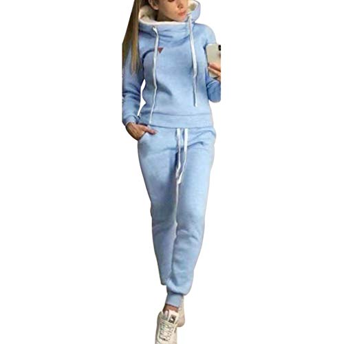 Chándal de 2 piezas para mujer, con manga larga, forro cálido, sudadera con capucha y pantalón deportivo de running, S-5XL azul claro S