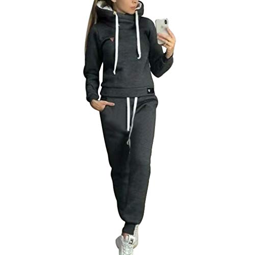Chándal de 2 piezas para mujer, con manga larga, forro cálido, sudadera con capucha y pantalón deportivo de running, S-5XL Negro L Chándal de 2 piezas para mujer, con manga larga, forro cálido, sudadera con capucha y pantalón deportivo de running, S-5XL Negro L