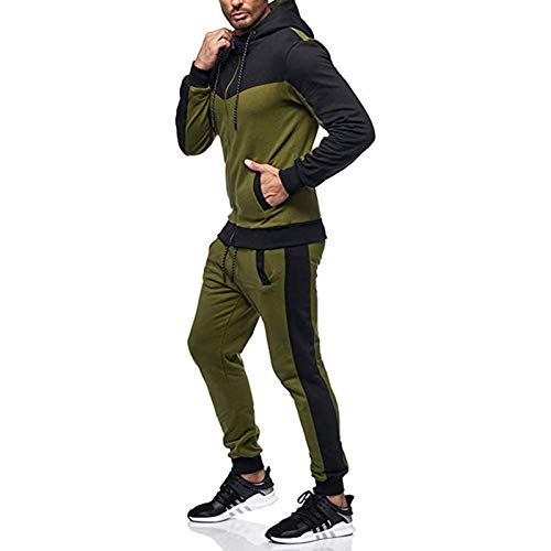 Chándal Hombre Completo 2 Piezas Conjunto de Ropa Deportiva Top Sudadera de Manga Larga con Cremallera y Capucha + Pantalones Largos de Cintura Elástica Traje Informal Otoño Primavera (Verde, L)