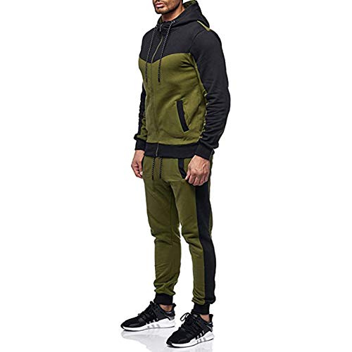 Chándal Hombre Completo 2 Piezas Conjunto de Ropa Deportiva Top Sudadera de Manga Larga con Cremallera y Capucha + Pantalones Largos de Cintura Elástica Traje Informal Otoño Primavera (Verde, L)