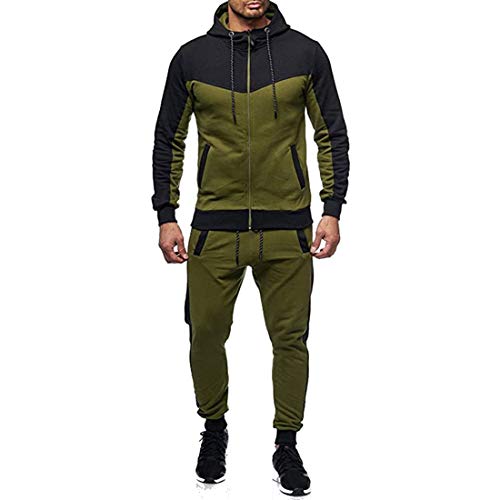 Chándal Hombre Completo 2 Piezas Conjunto de Ropa Deportiva Top Sudadera de Manga Larga con Cremallera y Capucha + Pantalones Largos de Cintura Elástica Traje Informal Otoño Primavera (Verde, L)