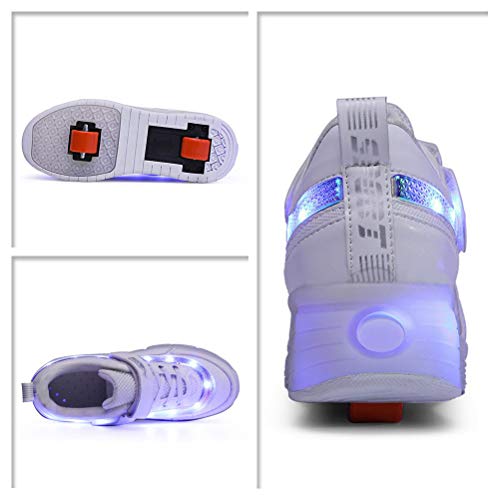 Charmstep Unisex Niños Led Luz Zapatillas con Ruedas Automática de Skate 1 Ruedas/2 Ruedas Zapatos Patines Deportes Zapatos con USB Carga para Niños Niñas,White2,37EU