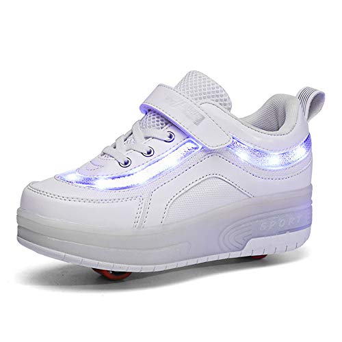 Charmstep Unisex Niños Led Luz Zapatillas con Ruedas Automática de Skate 1 Ruedas/2 Ruedas Zapatos Patines Deportes Zapatos con USB Carga para Niños Niñas,White2,37EU