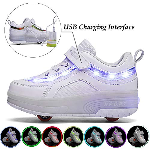 Charmstep Unisex Niños Led Luz Zapatillas con Ruedas Automática de Skate 1 Ruedas/2 Ruedas Zapatos Patines Deportes Zapatos con USB Carga para Niños Niñas,White2,37EU