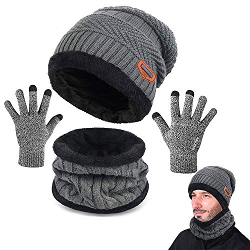 CheChury Bufanda Gorro Guantes Beanie Unisexo Set de Bufanda Conjunto de Guantes Táctiles Antideslizante Punto Sombreros Invierno Regalos Hombre Mujer