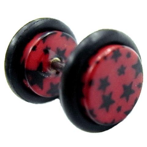 Chic-Net Falso piercing dilatador de oreja, unisex, acrílico, disco de joyería, anillo de goma, 10 mm, estrellas rojas y negras Chic-Net Falso piercing dilatador de oreja, unisex, acrílico, disco de joyería, anillo de goma, 10 mm, estrellas rojas y negras