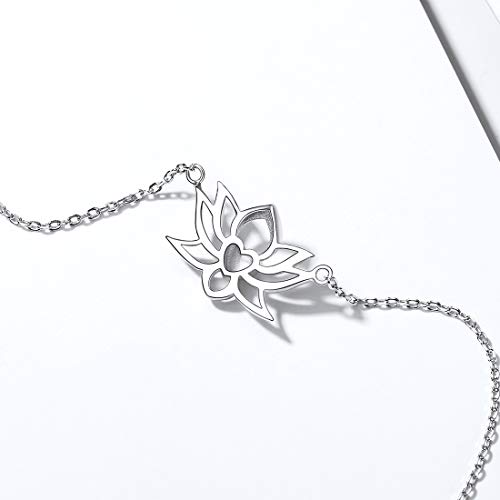 ChicSilver Flor Lotus Yoga Budista Corazón Cadena Ajustable Fina para Muñecas Pulseras Modernas para Mujeres y Muchachas Plata de Ley 925 Oro Blanco