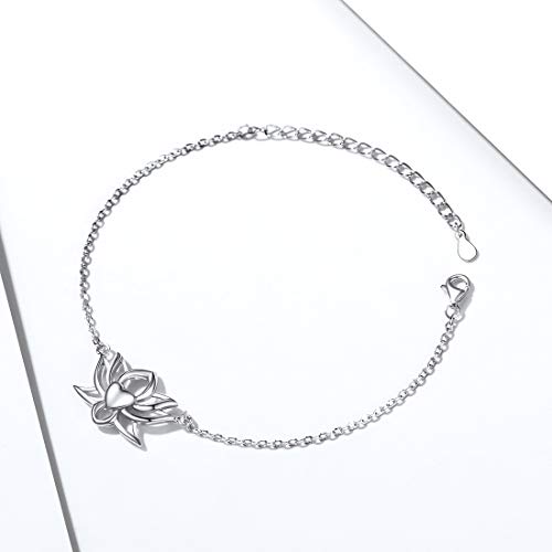 ChicSilver Flor Lotus Yoga Budista Corazón Cadena Ajustable Fina para Muñecas Pulseras Modernas para Mujeres y Muchachas Plata de Ley 925 Oro Blanco